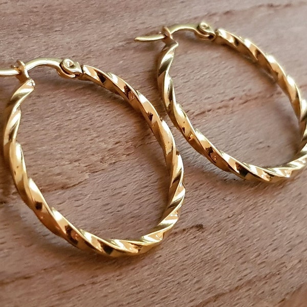 Hoop earrings, gold, silver, 15 mm, 20 mm, 30 mm, 40 mm, 50 mm, ideal for allergy sufferers, twist earrings, waterproof, 1 pair,