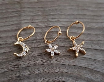 Mini hoop earrings, moon, starfish, flower, helix, tragus, piercing, gold, surgical stainless steel, conch, cartilage, 1 piece