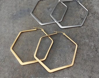 Aros hexagonales, oro, plata, 50 mm, acero inoxidable de grado médico, hexágono, aros dorados, aros plateados, geométricos, 1 par