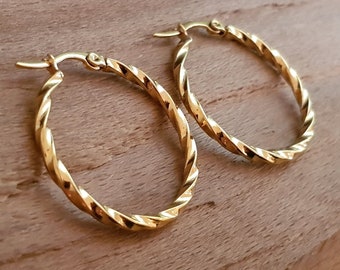 Hoop earrings, gold, silver, 15 mm, 20 mm, 30 mm, 40 mm, 50 mm, ideal for allergy sufferers, twist earrings, waterproof, 1 pair,