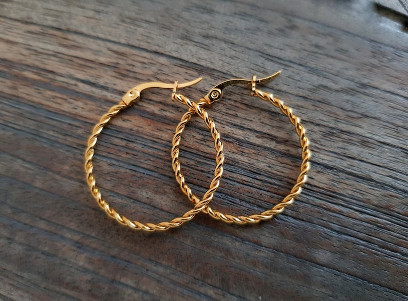 Twisted titanium hoop earrings, 23 mm, 50 mm, hypoallergenic, ideal for allergy sufferers, earrings, gold, silver, 1 pair, hoop image 7