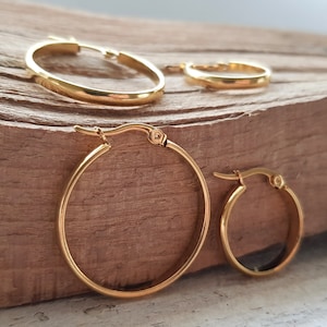 15, 20, 30, or 40 mm hoop earrings abrasion-resistant IP gold plating, hypoallergenic, gold earrings, suitable for allergy sufferers, waterproof, 1 pair image 4