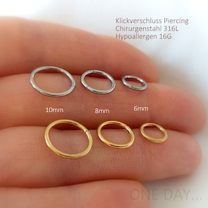Piercing, Clicker, Gold, Silber, Piercing, Helix, Tragus, 6mm, 8mm, 10mm, Ring, Conch, Rook, Cartilage, Knorpel, 16G, 1 Stück