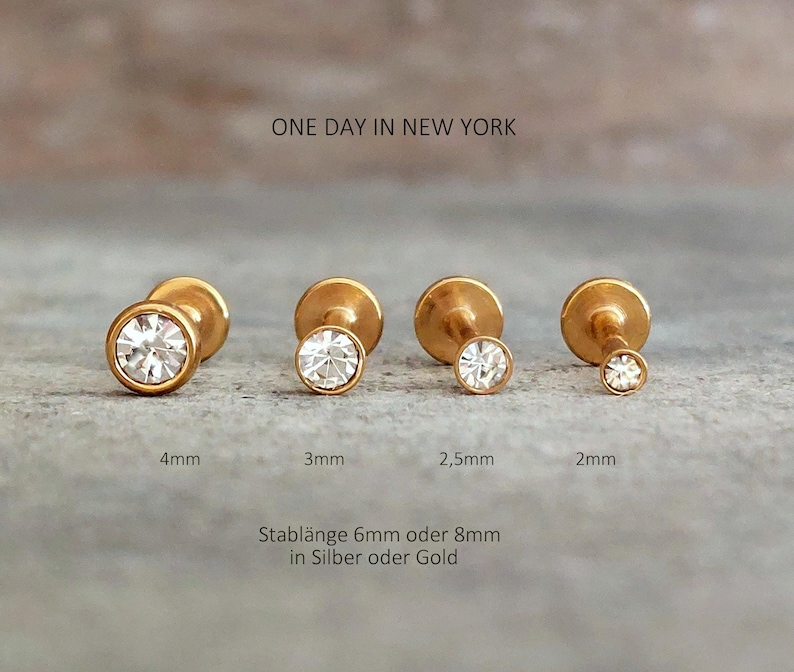 Pendientes planos en oro, plata y negro. *Labret, hélix, tragus, piercing: 2 mm, 3 mm, 4 mm, piercing de labio, piercing de nariz, lóbulo, 16 G imagen 2