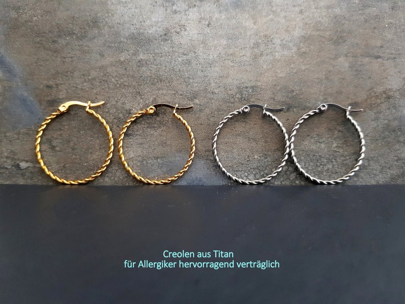 Titancreolen gedreht, 23mm, 50mm, Hypoallergen, für Allergiker hervorragend geeignet, Ohrringe, Gold, Silber, 1 Paar, Hoop Bild 5