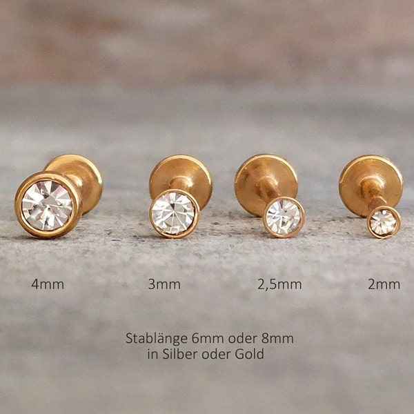 Gold, Silber, Labret, Helix, Tragus, Piercing, 2mm, 3mm, 4mm, Chirurgen-Edelstahl, Lippenpiercing, Mini Ohrstecker, 16 G, 1 Stück