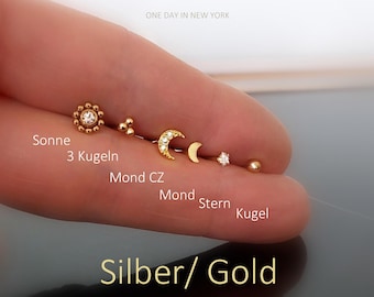 Silber/ Gold Piercing aus Chirurgenstahl: Helix, Tragus, Labret, Cartilage, Conch, Lip Piercing, Lobe, Nasenpiercing , 1 Stück