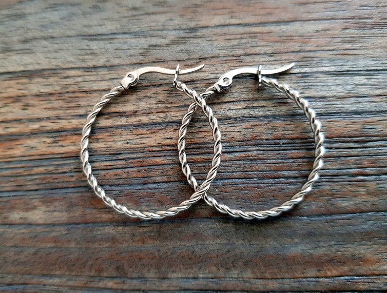 Twisted titanium hoop earrings, 23 mm, 50 mm, hypoallergenic, ideal for allergy sufferers, earrings, gold, silver, 1 pair, hoop image 4