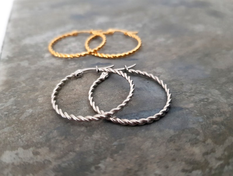 Twisted titanium hoop earrings, 23 mm, 50 mm, hypoallergenic, ideal for allergy sufferers, earrings, gold, silver, 1 pair, hoop image 2