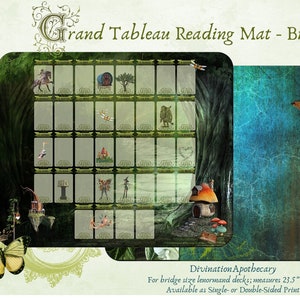 May include: A Grand Tableau Reading Mat for bridge size Lenormand decks. The mat features a green and teal background with illustrations of cards, butterflies, and a mushroom house. The mat measures 23.5" x 28".