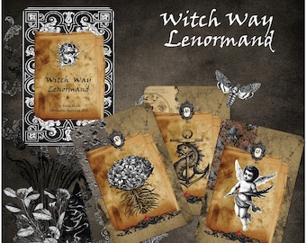 May include: A Witch Way Lenormand deck of tarot cards with a vintage aesthetic. The cards feature illustrations of a flower, an anchor, and an angel. The deck is available in bridge and mini sizes.