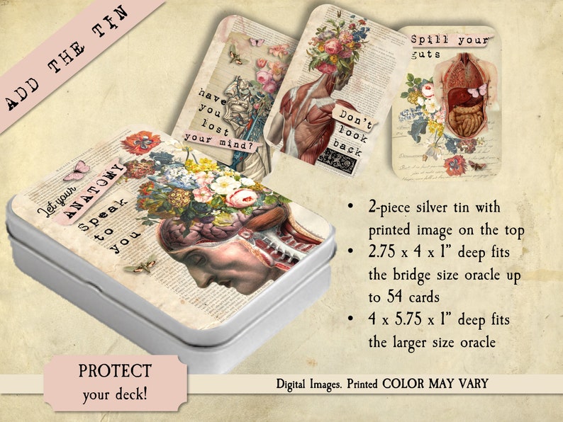 K&ouml;nnte beinhalten: Eine silberne Dose mit einem gedruckten Bild einer menschlichen Anatomie mit Blumen darauf. Die Dose ist 7 cm x 10 cm x 2,5 cm tief und f&uuml;r die Aufbewahrung von Orakelkarten konzipiert. Der Text auf der Dose lautet "Lass deine Anatomie zu dir sprechen".