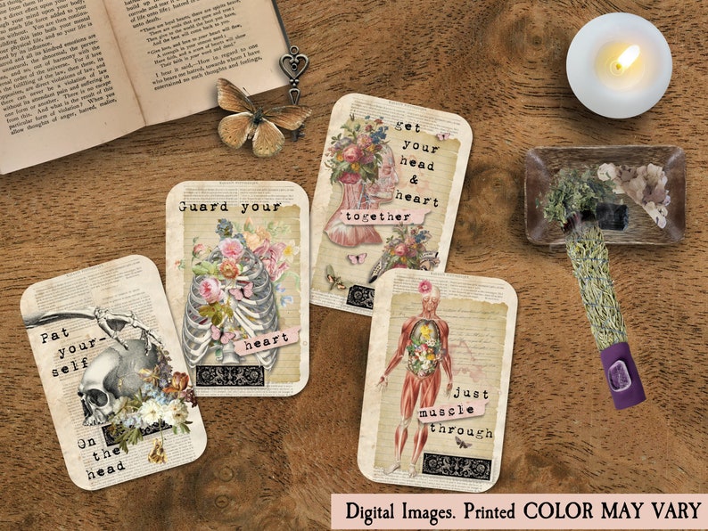 K&ouml;nnte beinhalten: Vier Karten im Vintage-Stil mit anatomischen Illustrationen und inspirierenden Texten. Die Karten zeigen einen Sch&auml;del, einen Brustkorb, einen menschlichen Torso und einen Kopf mit Blumen. Der Text auf den Karten lautet: "Pat your self on the head", "Guard your heart", "Get your head & heart together", und "Just muscle through".