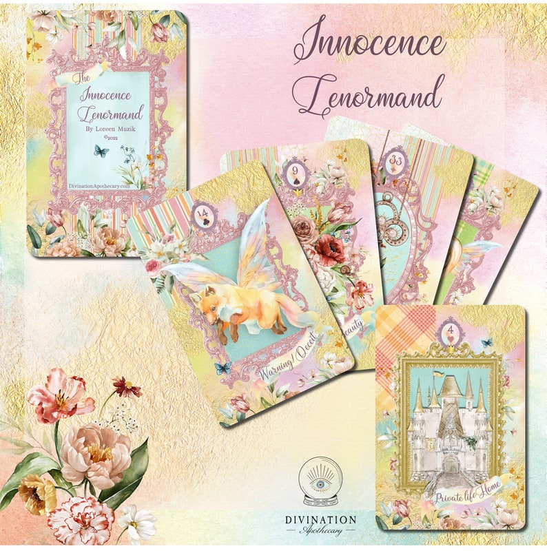 May include: A set of Lenormand cards with a whimsical, fairytale theme. The cards feature illustrations of a fox, a clock, a castle, and flowers. The cards are titled "The Innocence Lenormand" and are by Loreen Muzik.