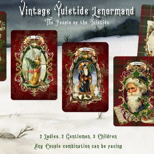 May include: Vintage Yuletide Lenormand playing cards featuring illustrations of people in winter scenes. The cards are red with gold trim and feature a plaid background. The text on the cards reads "Vintage Yuletide Lenormand" and "The People of the Yuletide".
