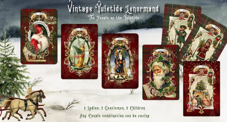 May include: Vintage Yuletide Lenormand playing cards featuring illustrations of people in winter scenes. The cards are red with gold trim and feature a plaid background. The text on the cards reads "Vintage Yuletide Lenormand" and "The People of the Yuletide".