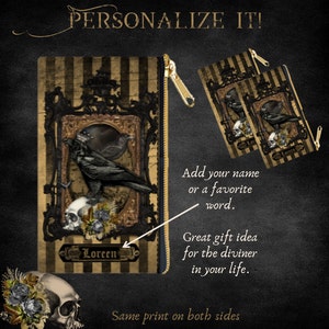 May include: A black and gold zippered pouch with a gothic design featuring a raven, skull, and floral accents. The pouch has a personalised nameplate that says "Loreen".