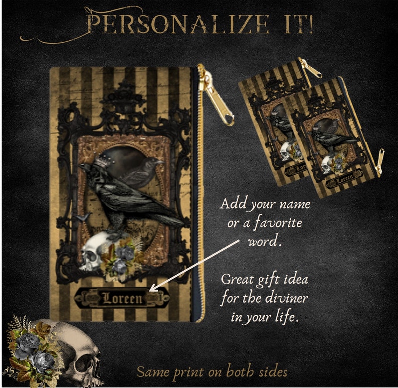 May include: A black and gold zippered pouch with a gothic design featuring a raven, skull, and floral accents. The pouch has a personalised nameplate that says "Loreen".