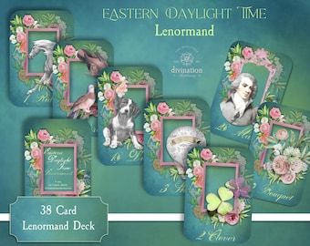 Op de afbeelding: Een Lenormand-deck van 38 kaarten met bloemmotieven en illustraties. De kaarten bevatten afbeeldingen van een paard, een vogel, een hond, een man, een wassende maan, een klavertjevier en een boeket bloemen. De kaarten zijn op een turquoise achtergrond met de tekst "Eastern Daylight Time Lenormand" bovenaan.