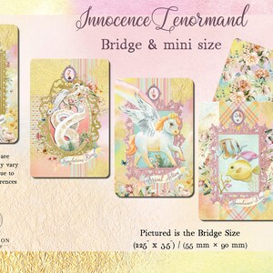 May include: A set of Innocence Lenormand playing cards in a whimsical style with pastel colors and floral patterns. The cards feature illustrations of a castle, a snake, a unicorn, a fish, and a key. The cards are available in two sizes: Bridge (225 x 35 mm) and mini (55 x 90 mm).