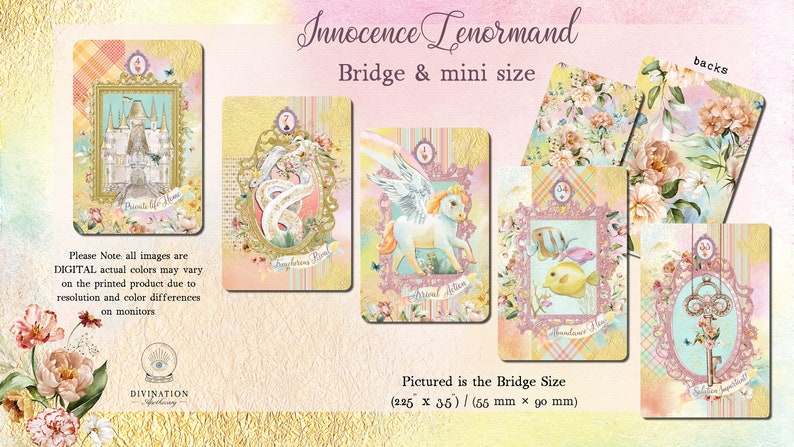 May include: A set of Innocence Lenormand playing cards in a whimsical style with pastel colors and floral patterns. The cards feature illustrations of a castle, a snake, a unicorn, a fish, and a key. The cards are available in two sizes: Bridge (225 x 35 mm) and mini (55 x 90 mm).