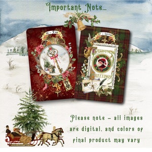 May include: Two digital printable Christmas cards. The first card features a gold key with a red bow and a winter scene. The second card features a Santa Claus illustration with the text "Christmas Greetings".