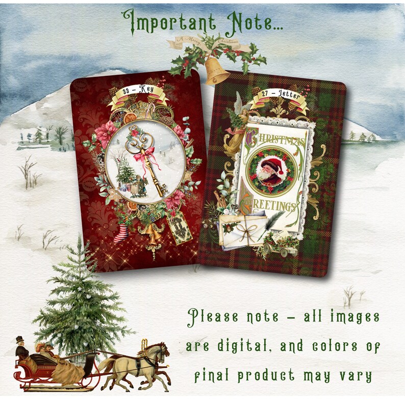 May include: Two digital printable Christmas cards. The first card features a gold key with a red bow and a winter scene. The second card features a Santa Claus illustration with the text "Christmas Greetings".