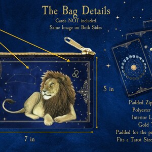 May include: A navy blue zippered bag with a gold zipper and a lion constellation design. The bag is 5 inches tall and 7 inches wide. It is padded for the protection of tarot decks and fits a tarot size deck of 2.75 inches by 4.75 inches.