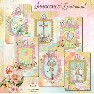 May include: A set of ten Lenormand cards with colorful illustrations and gold frames. The cards feature images of a lily, a cross, a heart, a sun, a key, and a castle. The cards are part of the Innocence Lenormand deck.