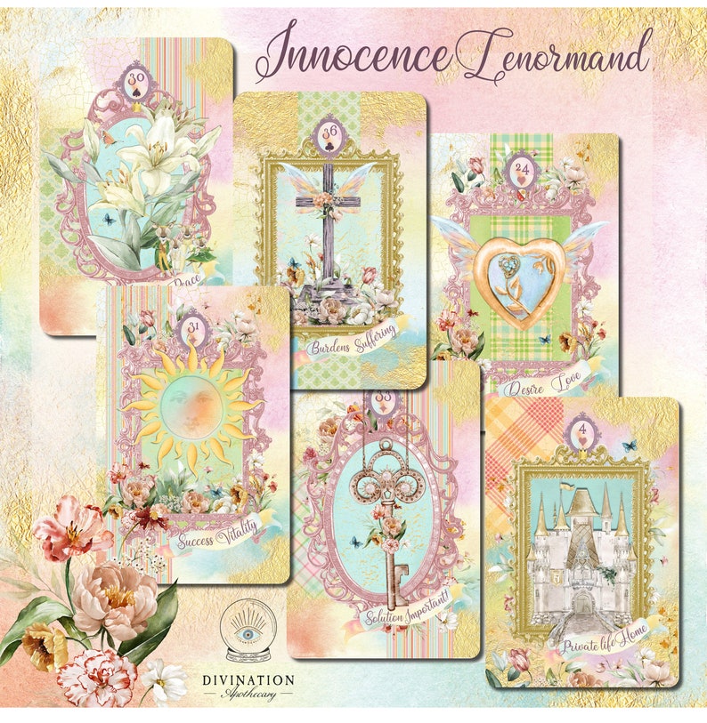 May include: A set of ten Lenormand cards with colorful illustrations and gold frames. The cards feature images of a lily, a cross, a heart, a sun, a key, and a castle. The cards are part of the Innocence Lenormand deck.