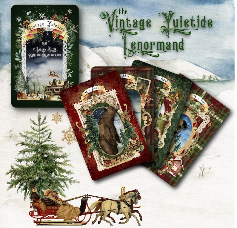 May include: A vintage Yuletide Lenormand deck of playing cards with a wintery theme. The cards feature illustrations of a bear, a ship, a book, and a dog. The cards are surrounded by a snowy landscape with a horse-drawn sleigh.