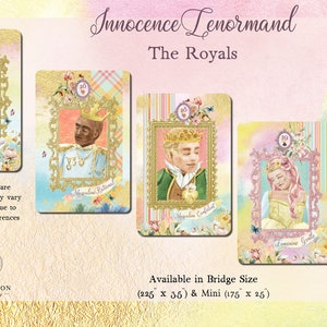 May include: Five Lenormand tarot cards featuring illustrations of royalty in a whimsical style. The cards are titled "The Royals" and are available in Bridge size (225 x 35) and Mini (175 x 25).