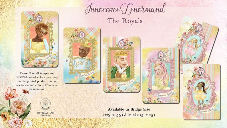 May include: Five Lenormand tarot cards featuring illustrations of royalty in a whimsical style. The cards are titled "The Royals" and are available in Bridge size (225 x 35) and Mini (175 x 25).