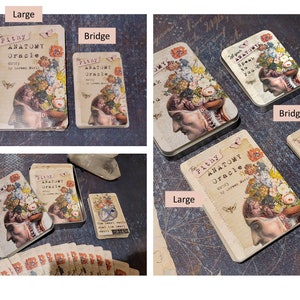 K&ouml;nnte beinhalten: Zwei unterschiedlich gro&szlig;e Blechdosen, die ein Deck Orakelkarten enthalten. Die gr&ouml;&szlig;ere Dose ist mit "The Pithy Anatomy Oracle" beschriftet, die kleinere Dose mit "The Pithy Anatomy Oracle". Beide Dosen zeigen eine Vintage-anatomische Illustration eines menschlichen Kopfes mit Blumen, die aus der Oberseite wachsen.