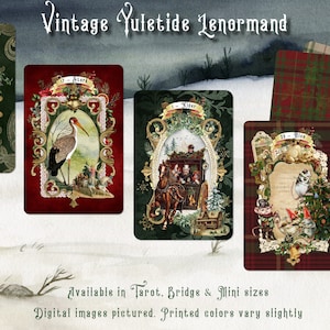 May include: Vintage Yuletide Lenormand playing cards with a green, red, and gold color scheme. The cards feature illustrations of birds, a stork, a carriage, a cat, and an anchor. The card backs are a plaid pattern in green and red.