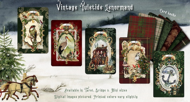 May include: Vintage Yuletide Lenormand playing cards with a green, red, and gold color scheme. The cards feature illustrations of birds, a stork, a carriage, a cat, and an anchor. The card backs are a plaid pattern in green and red.