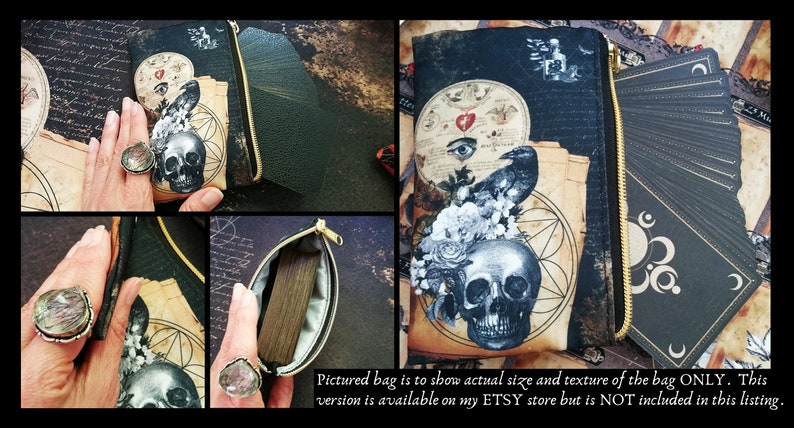 May include: A black zippered pouch with a skull and floral design. The pouch is made of fabric and has a gold zipper. The pouch is shown with a deck of cards.