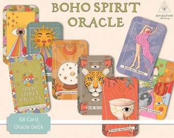 May include: A 68 card oracle deck with a boho theme. The cards feature colorful illustrations with a variety of symbols, including eyes, a sun, a crystal ball, a leopard, a broken cup, and a woman with pink hair. The cards are titled "Boho Spirit Oracle" and the text "Evolve don't Revolve" is visible on one of the cards.