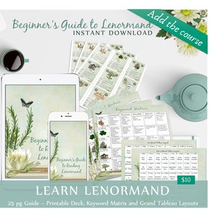 Puede incluir: Una descarga digital de una gu&iacute;a para principiantes sobre la lectura de cartas de Lenormand. La gu&iacute;a incluye una baraja imprimible, una matriz de palabras clave y dise&ntilde;os de gran tableau. La imagen muestra una tableta digital, un tel&eacute;fono inteligente y cartas impresas con ilustraciones.