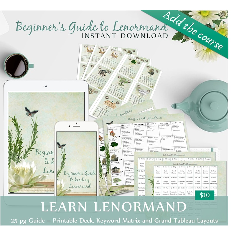 Puede incluir: Una descarga digital de una gu&iacute;a para principiantes sobre la lectura de cartas de Lenormand. La gu&iacute;a incluye una baraja imprimible, una matriz de palabras clave y dise&ntilde;os de gran tableau. La imagen muestra una tableta digital, un tel&eacute;fono inteligente y cartas impresas con ilustraciones.