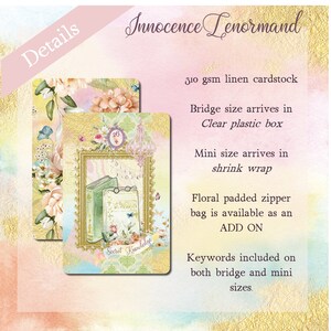 May include: A set of Innocence Lenormand playing cards with a floral design and gold accents. The cards are shown in a bridge size box and a mini size shrink wrap. The text "Secret Knowledge" is printed on the cards. The cards are printed on 310 gsm linen cardstock.