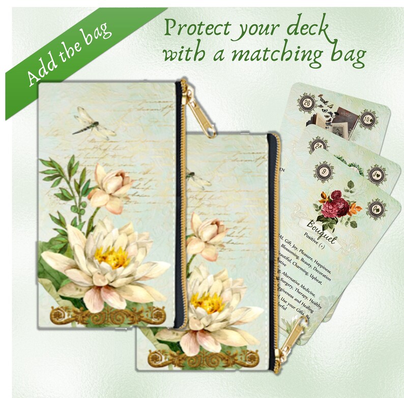 Puede incluir: Un juego de dos estuches con cremallera con un dise&ntilde;o floral que presenta nen&uacute;fares y lib&eacute;lulas. Los estuches est&aacute;n hechos de una tela azul claro con fondo blanco y tienen una cremallera dorada. Los estuches se muestran junto a un juego de cartas con un dise&ntilde;o floral y el texto "Bouquet Positive (+) Al Gift, Joy, Pleasure, Happiness, Blossoming, Beauty, Decoration,  Beautiful Charming, Upbeat, Alternative Medicine, Surgery, Therapy, Healthy Forgiveness and Healing, Use your Gifts Be,  Morful".