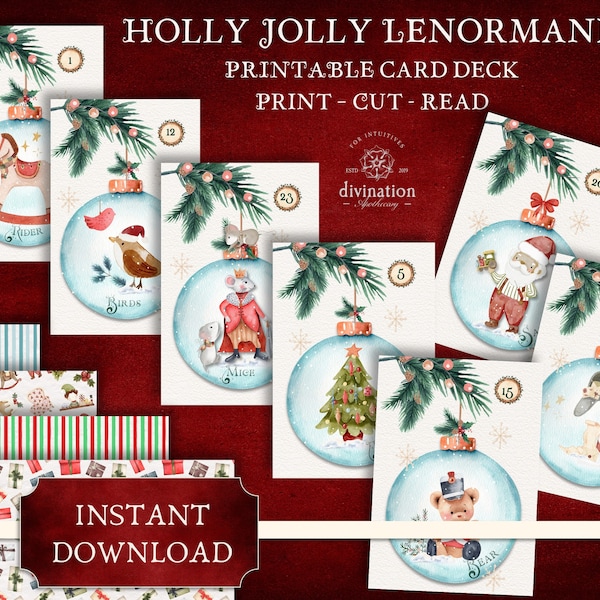 Holly Jolly Christmas Lenormand Printable Cards, Instant Download, Digital Deck, Letter and A4 Sizes