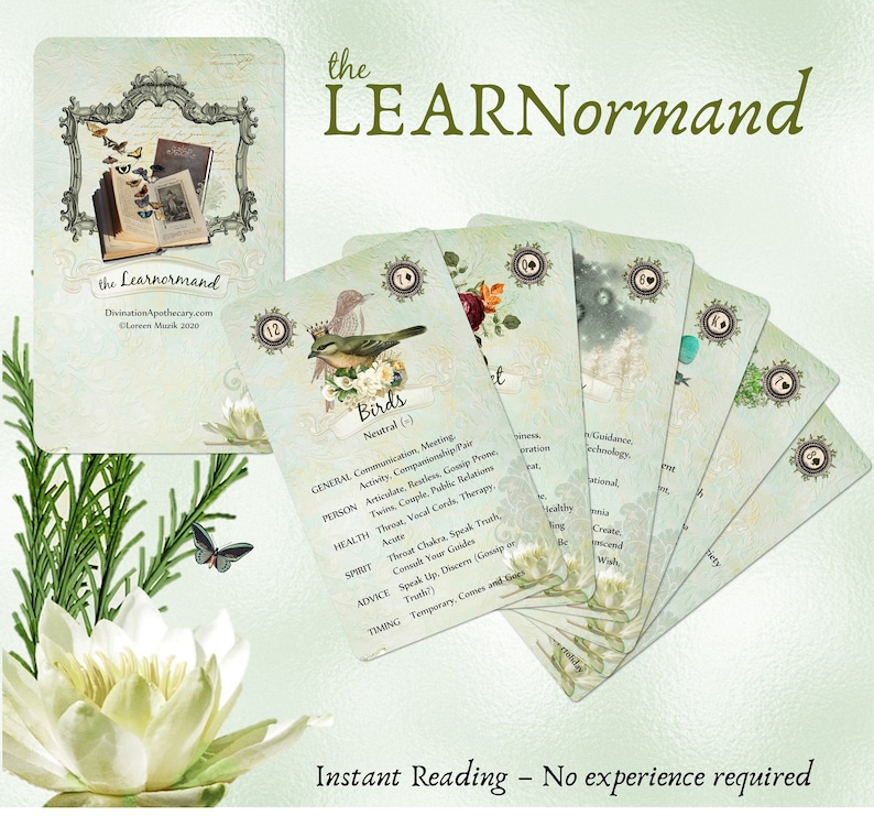 Puede incluir: Un juego de 10 cartas con fondo verde y dise&ntilde;os florales. Las cartas est&aacute;n dispuestas en forma de abanico. El texto en las cartas dice "the LEARNormand" y "Birds".