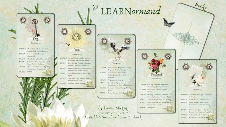 Puede incluir: Un juego de 5 cartas de tarot con ilustraciones y descripciones coloridas. Las cartas se titulan Llave, Sol, Cig&uuml;e&ntilde;a, Ramo y Carta. Las cartas miden 7 cm por 12 cm y est&aacute;n disponibles en cartulina lisa y de lino.
