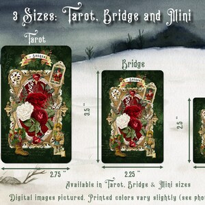 May include: Three sizes of a vintage-style tarot card featuring a red and white rose with gold accents. The card is available in 4.75 inch, 3.5 inch, and 1.75 inch sizes. The text on the card reads "3 Sizes: Tarot, Bridge and Mini".