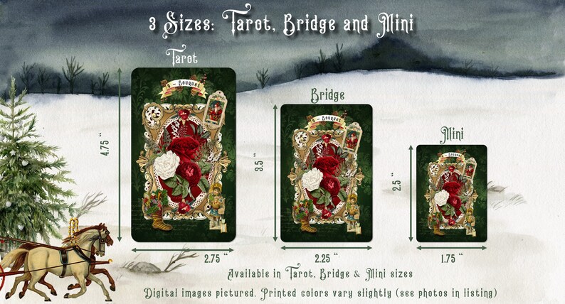 May include: Three sizes of a vintage-style tarot card featuring a red and white rose with gold accents. The card is available in 4.75 inch, 3.5 inch, and 1.75 inch sizes. The text on the card reads "3 Sizes: Tarot, Bridge and Mini".