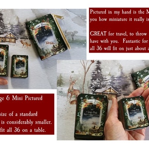 May include: Two different sizes of a vintage tarot deck, one is a standard size and the other is a mini size. The mini deck is 1.75 inches by 2.5 inches. The decks are green with a winter scene and the text "Vintage  Tarot" on the front.