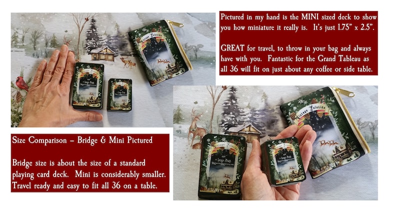 May include: Two different sizes of a vintage tarot deck, one is a standard size and the other is a mini size. The mini deck is 1.75 inches by 2.5 inches. The decks are green with a winter scene and the text "Vintage  Tarot" on the front.