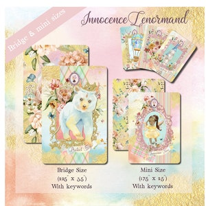May include: Two Lenormand tarot cards with a pastel pink, yellow, and blue color scheme. The card on the left features a white bear cub with a gold crown and the text "Protect Big". The card on the right features a young girl with a crown and the text "Innocence Now".
